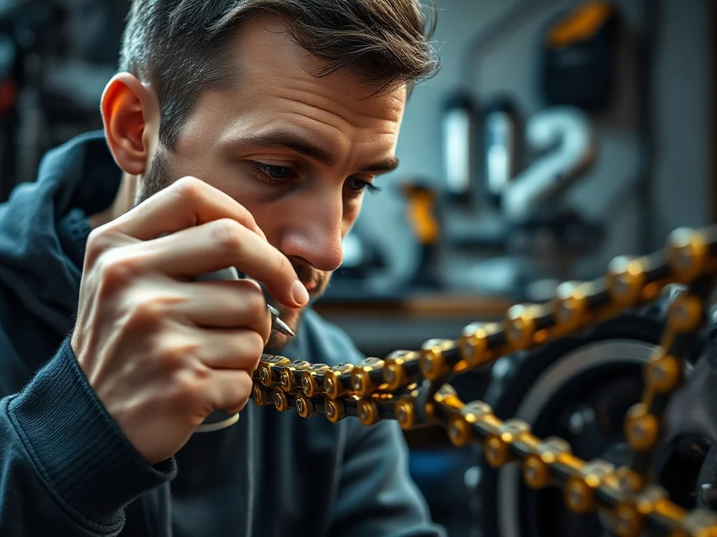 Motocyklista nakłada smar w sprayu na złote ogniwa łańcucha motocyklowego w profesjonalnym warsztacie.