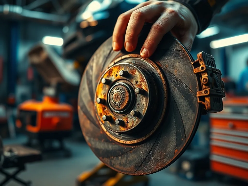 Zużyta i skorodowana tarcza hamulcowa trzymana przez mechanika, ilustrująca przyczynę wibracji podczas hamowania.