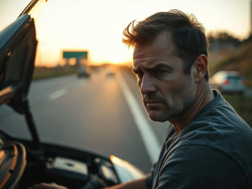 Zestresowany kierowca zaglądający pod maskę zepsutego samochodu na poboczu autostrady o zachodzie słońca.